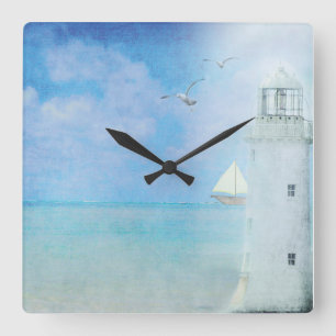 White Lighthouse With Sailboat Square Wall Clock Quadratische Wanduhr