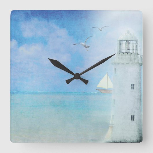 White Lighthouse With Sailboat Square Wall Clock Quadratische Wanduhr (Vorderseite)