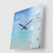 White Lighthouse With Sailboat Square Wall Clock Quadratische Wanduhr (Winkel)