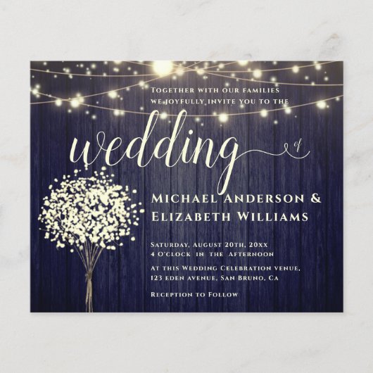White Lights String & Natural Rustic Wood Hochzeit Flyer (Vorne)
