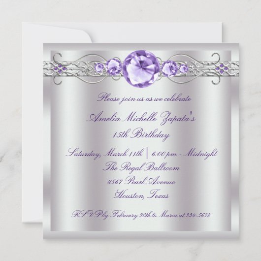 White Lila Foto Quinceanera Einladung (Rückseite)