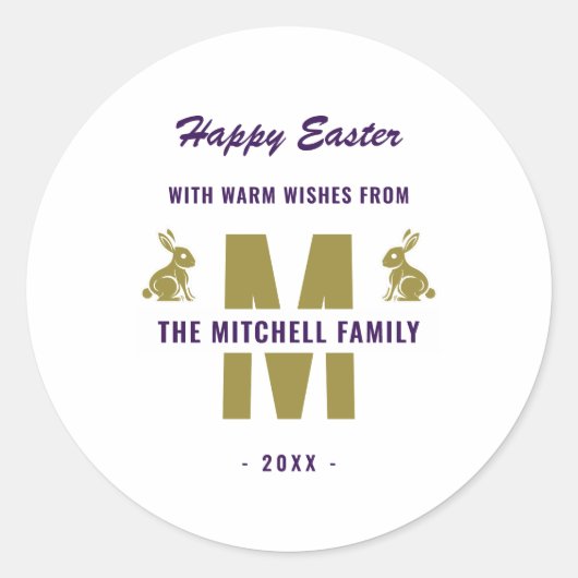 White Lila Gold Monogram Name Happy Ostersonne Runder Aufkleber (Vorderseite)
