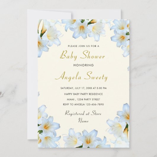 White Lilies Baby Shower Einladung mit QR Code (Vorderseite)