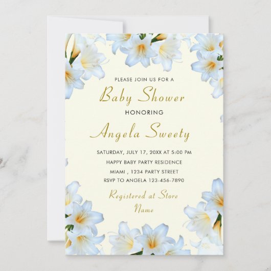 White Lilies Frame Baby Dusche Einladung Vorlage (Vorderseite)