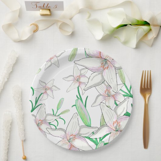 White Lilies Illustration Pappteller (Hochzeit)