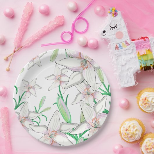 White Lilies Illustration Pappteller (Party)