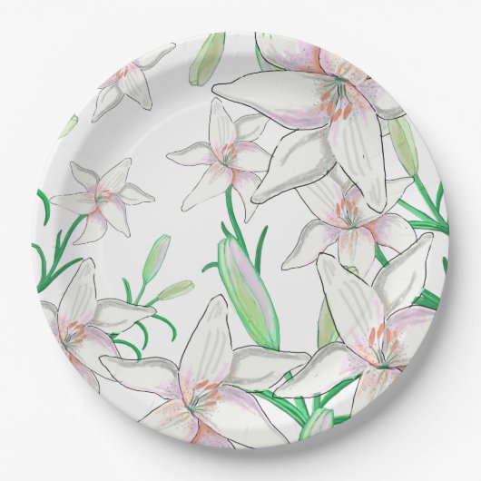 White Lilies Illustration Pappteller (Vorderseite)