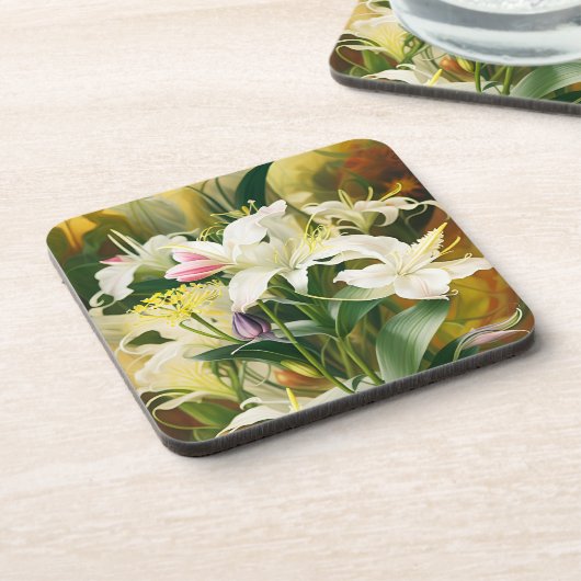 White Lilies in Bloom Getränkeuntersetzer (Linke Seite)