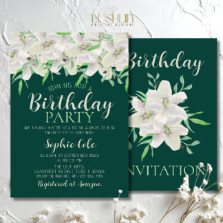 White Lily Birthday Elegante Emerald Green Floral Einladung