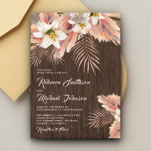 White Lily Floral Palm Pampas Barn Wood Wedding Einladung