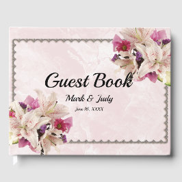 White Lily Floral Pink Marble Wedding Gästebuch