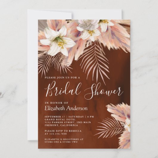 White Lily Palm Pampas Burnt Orange Brautparty Einladung (Vorderseite)