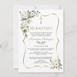 White Lily Rose Bautizo Con Flores Gold Baptism  Einladung