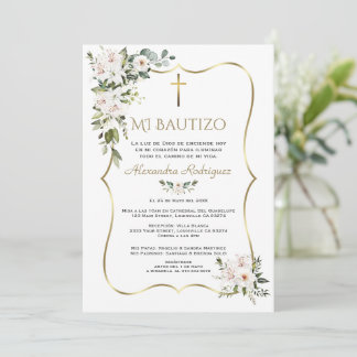 White Lily Rose Bautizo Con Flores Gold Baptism  Einladung