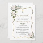 White Lily Rose Bautizo Con Flores Gold Baptism  Einladung (Vorne/Hinten)