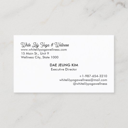 White Lily Yoga & Wellness White Business Card Visitenkarte (Rückseite)