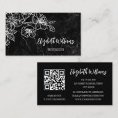 White Line Art Floral Black Marble QR Code Visitenkarte (Vorne/Hinten)