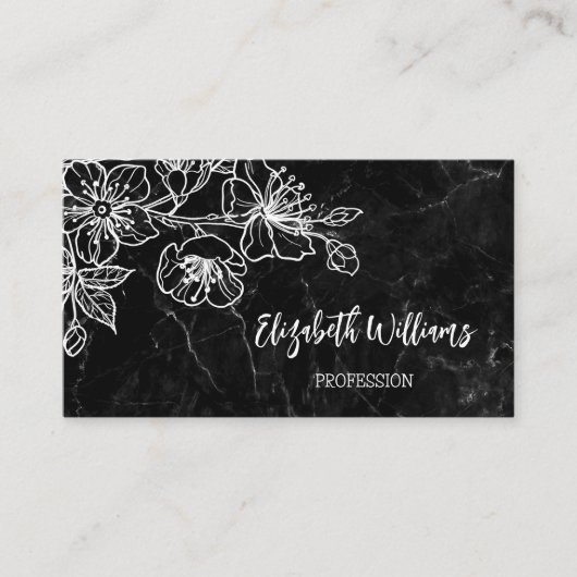 White Line Art Floral Black Marble QR Code Visitenkarte (Vorderseite)