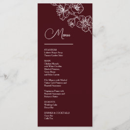White Line Art Flowers Deep Burgundy Wedding Menükarte