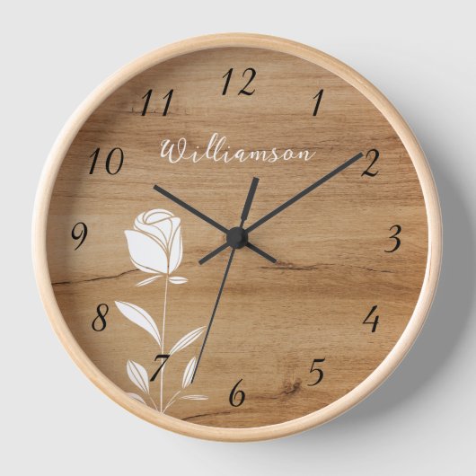 White Line Art Rose Holz Hintergrund Rustikale Zah Uhr (Vorderseite)