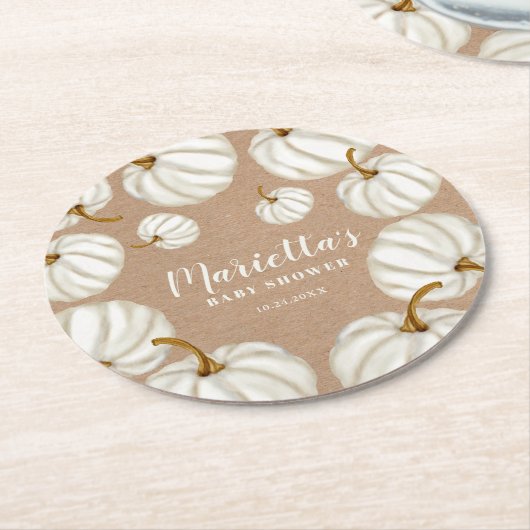White Little pumpkin kraft fall baby shower Runder Pappuntersetzer (Angewinkelt)