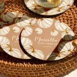 White Little pumpkin kraft fall baby shower Runder Pappuntersetzer<br><div class="desc">A little pumpkin is on the way! Celebrate your baby shower this fall autumn with this cute hand painted white watercolor pumpkins and elegant modern calligraphy typography on rustic brown kraft baby shower coaster.</div>