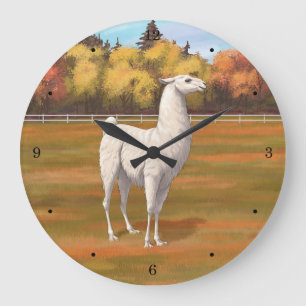 White Llama in Autumn Farm Pasture Große Wanduhr