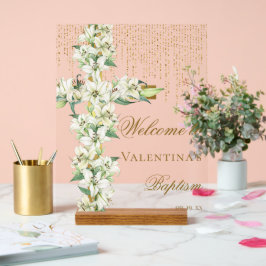 White Lly Floral Gold Cross Taufe Willkommen Acrylschild