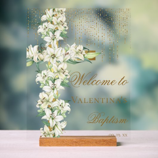White Lly Floral Gold Cross Taufe Willkommen Acrylschild (Neutral)
