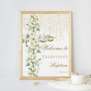 White Lly Floral Gold Cross Taufe Willkommen Poster