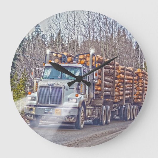 White Logging Truck Lumber Mill Delivery Art Große Wanduhr (Vorderseite)