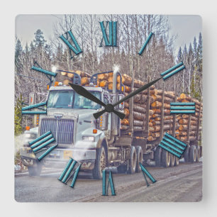 White Logging Truck Lumber Mill Delivery Art Quadratische Wanduhr