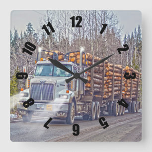 White Logging Truck Lumber Mill Delivery Art Quadratische Wanduhr