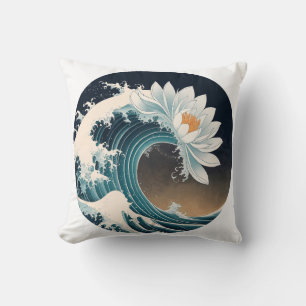 White Lotus & Ocean Wave - Eleganz in Motion Kissen