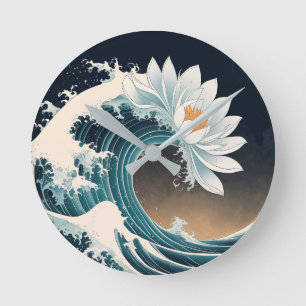 White Lotus & Ocean Wave - Eleganz in Motion Runde Wanduhr