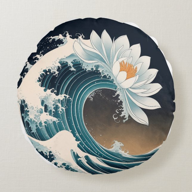 White Lotus & Ocean Wave - Eleganz in Motion Rundes Kissen (Vorderseite)