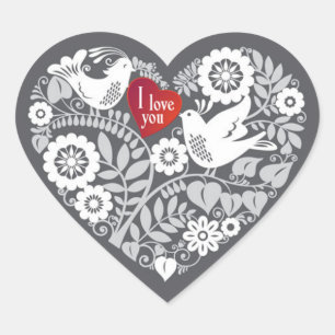 White Love BIrds mit Red & Grey Heart Floral Herz-Aufkleber