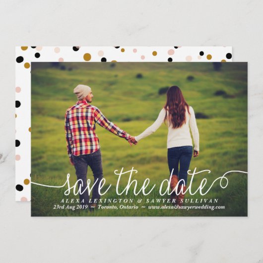 White Lovely Calligraphy Foto Save The Date (Vorne/Hinten)