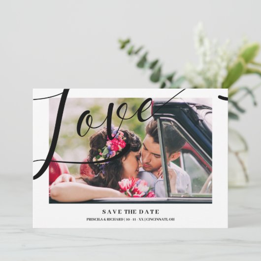 White Luxury Minimalist Love Quote Photo Save The Date (Stehend Vorderseite)