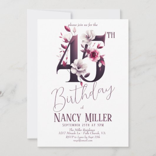 White & Magenta Blume 45. Geburtstag Einladung (Vorderseite)