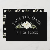 White Magnolia auf Schwarz Save the Date w Foto (Vorne/Hinten)