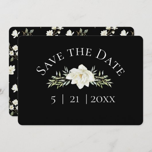 White Magnolia auf Schwarz Save the Date w Foto (Vorne/Hinten)