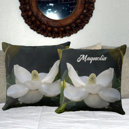 White Magnolia Blossom Floral Botanical Dark Green Kissen