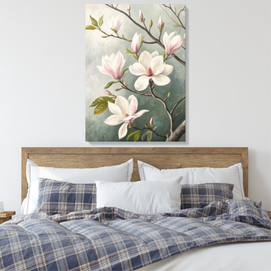 White Magnolia Blossoms Print | Elegant Spring; Leinwanddruck (Insitu (Schlafzimmer))