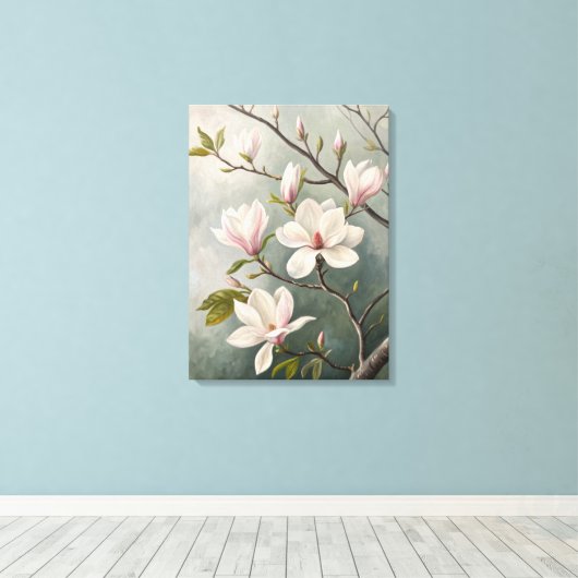 White Magnolia Blossoms Print | Elegant Spring; Leinwanddruck (Insitu (Holzboden))