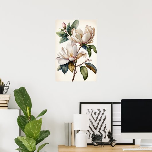 White Magnolia Blume Art Print Poster (Heimbüro)