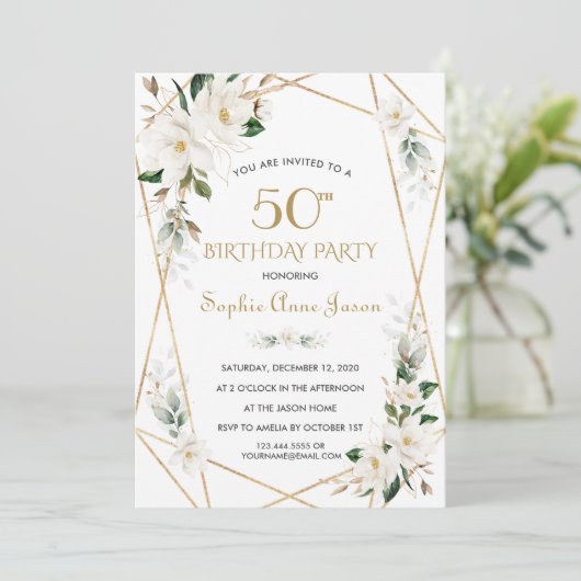 White Magnolia Blume Gold 50. Geburtstag Einladung (Stehend Vorderseite)