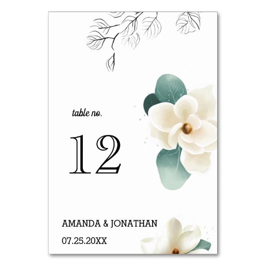 White Magnolia Blume WedelTable Card Nummer Tischnummer (Vorderseite)