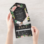 White Magnolia Blush Pink Floral Black Wedding All In One Einladung (Abreißen)