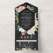 White Magnolia Blush Pink Floral Black Wedding All In One Einladung (Innen Boden)